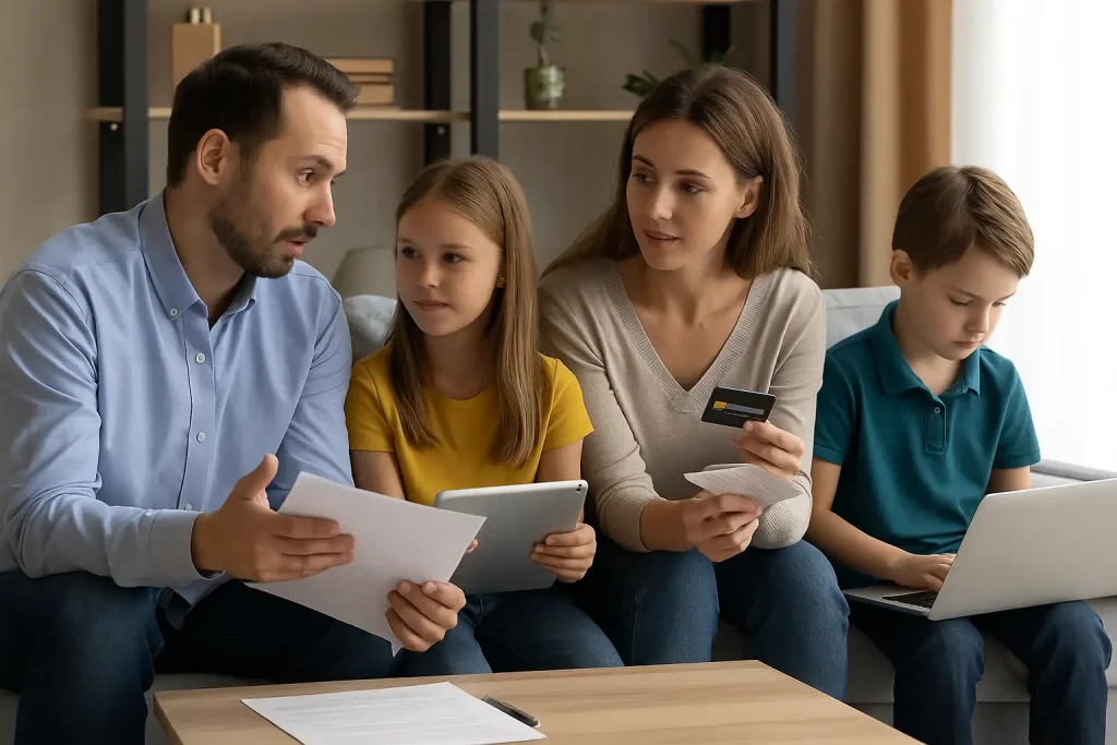 A family reviewing finances at home while children from Generation Alpha use digital devices, illustrating the impact of Generation Alpha on household budgets.