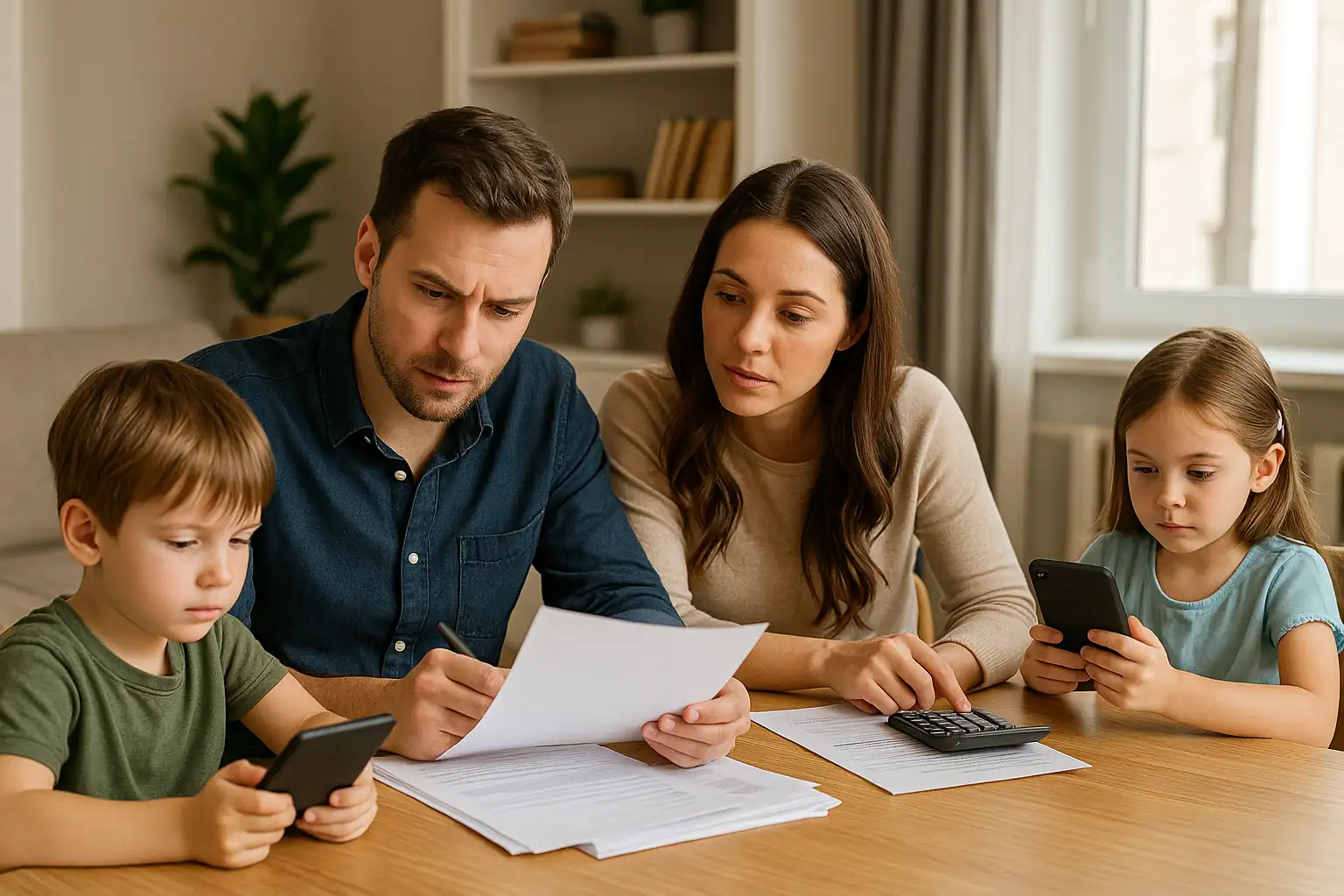 A family managing household finances while children from Generation Alpha use digital devices, reflecting how Generation Alpha shapes financial decisions.