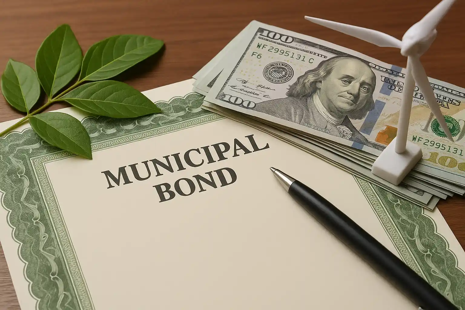 Municipal bond certificate with dollar bills, leaves, and a wind turbine model, representing green municipal bonds financing eco-friendly projects.