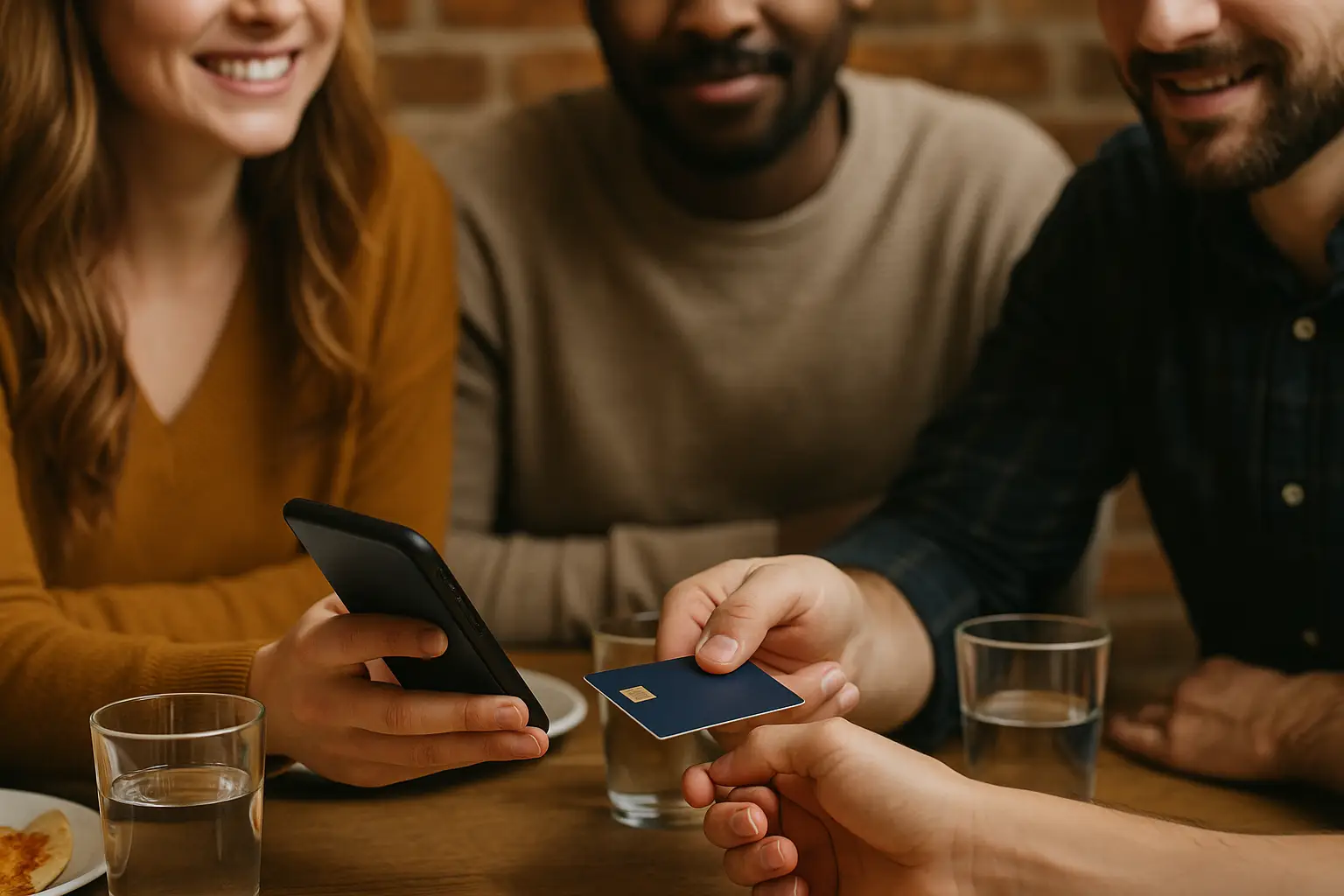 Three friends using a smartphone app to split a restaurant bill, representing the rise of shared finances in the US.