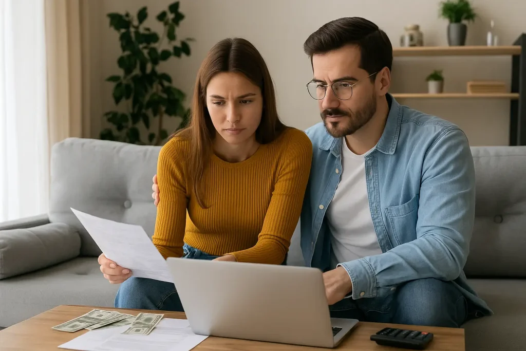 Couple sitting at a kitchen table with a laptop and bills, symbolizing the rise of shared finances in the US.