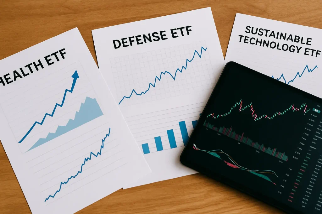 SattaPe Adding profit to your life... Financial documents and a tablet with rising charts showing healthcare, defense, and sustainable tech sectors, representing thematic ETFs in the US.