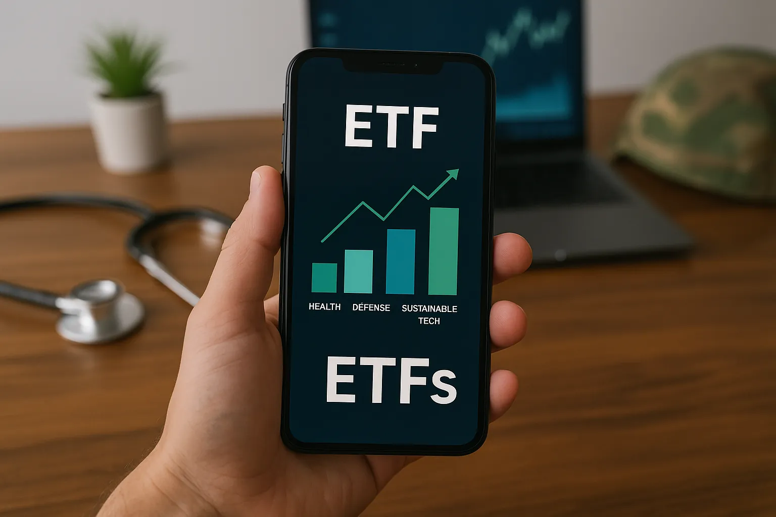 Investor holding a smartphone displaying growth charts of healthcare, defense, and sustainable technology, symbolizing thematic ETFs in the US.