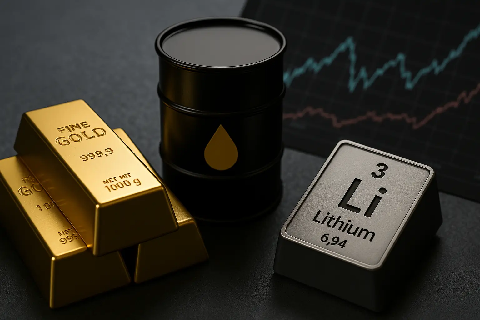 Gold bars, an oil barrel, and a lithium block placed against a financial chart backdrop, symbolizing commodities in focus and their impact on economic resilience in the U.S.