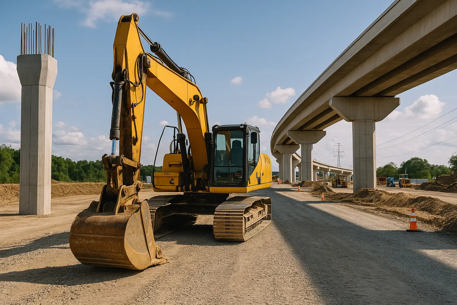 A modern highway construction site with heavy machinery and bridges under development, representing investing in infrastructure and economic growth in the U.S.