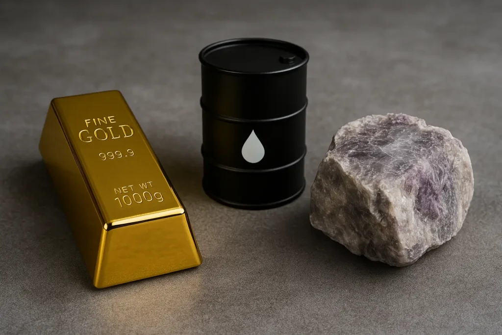 SattaPe Adding profit to your life... A realistic arrangement of gold, oil, and lithium on a textured surface, representing commodities in focus and their role in financial stability and investment strategy.