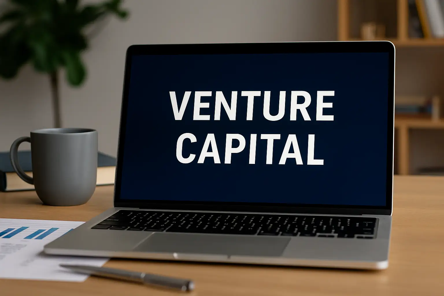 SattaPe Adding profit to your life... A laptop on a desk displaying financial data and reports, representing the growth of venture capital funds and digital access for U.S. investors.