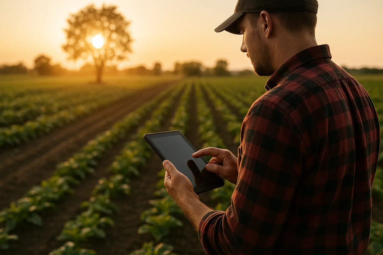 A farmer using a tablet to monitor crops at sunset, symbolizing the impact of climate change on agricultural investments and the rise of smart farming solutions.