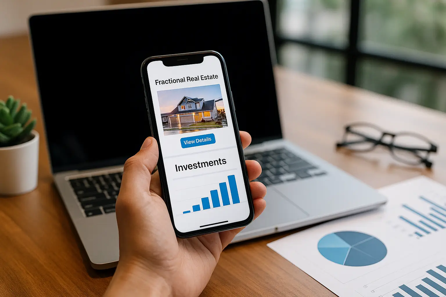 Laptop showing a digital dashboard for fractional real estate investments with property images, charts, and financial data