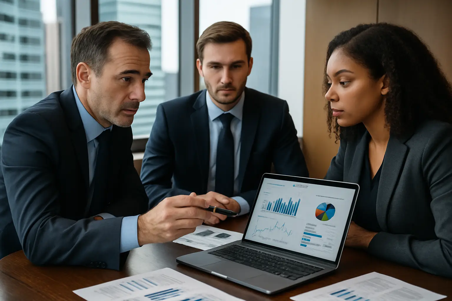 Team of financial professionals discussing strategies that highlight the Role of Hedge Funds in Investors’ Portfolios during market volatility