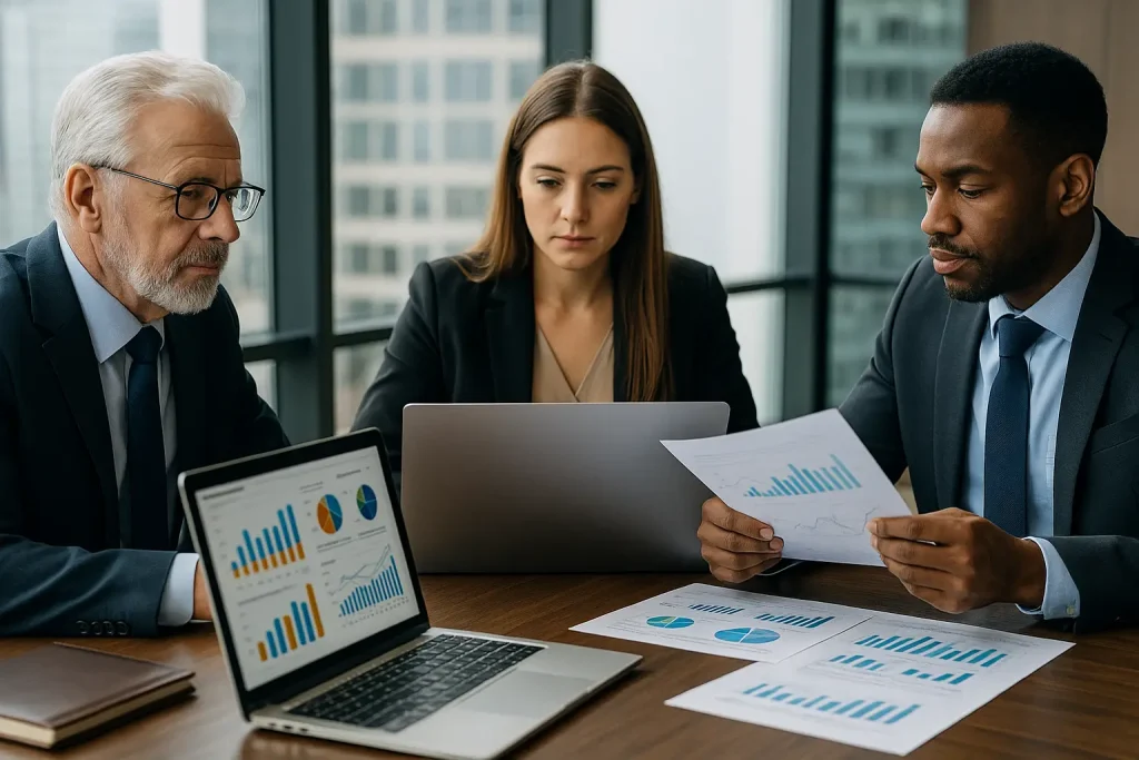 SattaPe Adding profit to your life... Professional investors discussing Private Credit strategies during a meeting in a modern U.S. office