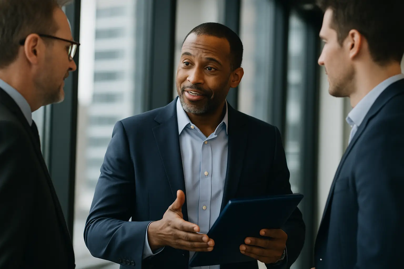 Close-up of an investor analyzing Private Credit data and financial charts on a digital tablet in an office environment