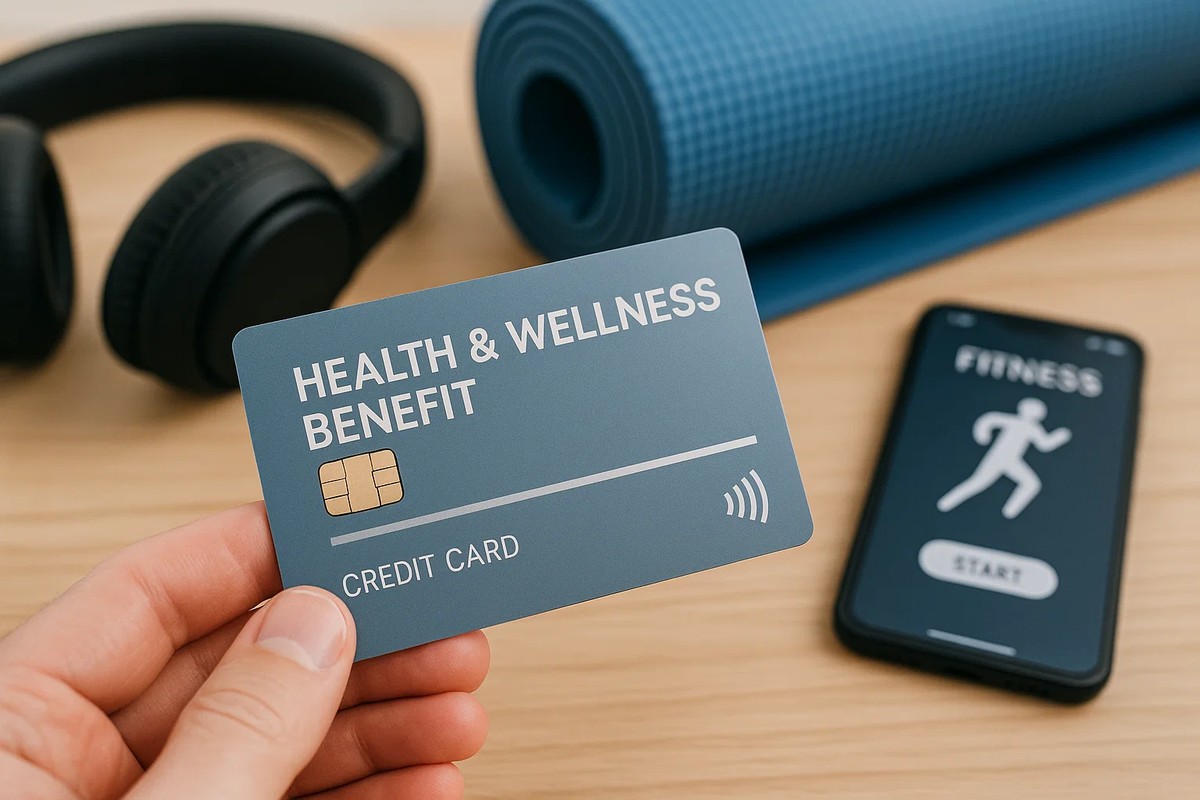 A person holds a sleek blue health and wellness benefit credit card in the foreground, while a rolled exercise mat, wireless headphones, and a smartphone displaying a fitness app screen sit on a wooden surface in the background. The arrangement conveys a modern lifestyle centered on physical activity, digital well-being tools, and financial incentives connected to credit card rewards.