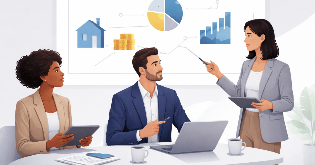 Financial advisor presenting charts to a team during a meeting, discussing investing strategies with graphs, coins, and market growth visuals