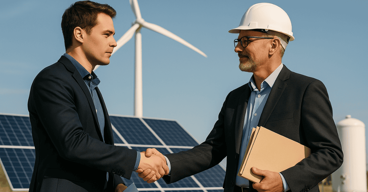 Businessmen shaking hands at a solar and wind energy site, symbolizing sustainable **investing** and clean-energy partnership.
