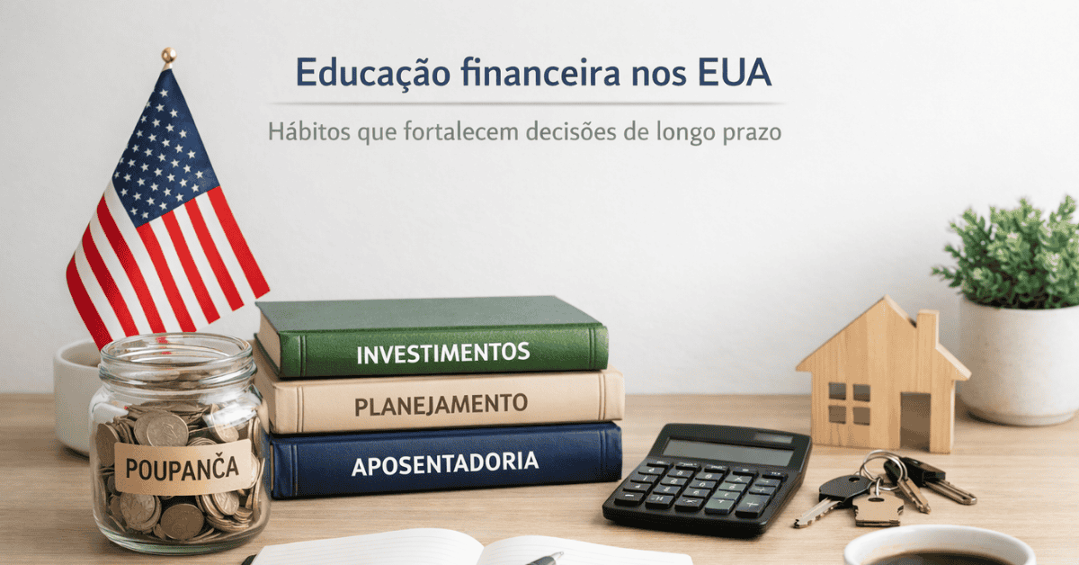 Personal finance education in the USA, featuring books on investments, planning, and retirement, a savings jar, calculator, notebook, and American flag, symbolizing smart finance decisions and long-term financial habits.