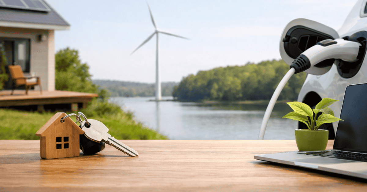 Sustainable investing concept in the USA, showing a home with solar panels, wind energy, an electric vehicle charging, and a laptop on a table, representing long-term investing and passive income strategies.