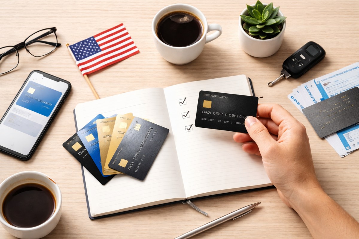 SattaPe Adding profit to your life... Person holding a credit card over a notebook with a checklist, alongside other cards, a smartphone with a financial app open, the United States flag, car keys, and cups of coffee, representing financial organization, expense control, and strategic planning of Investments in the American market.