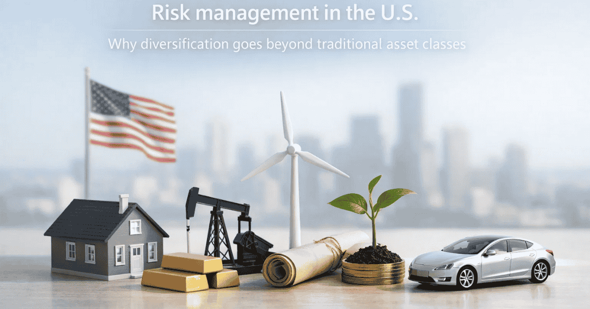 Investing diversification in the U.S. illustrated by real estate, gold bars, oil pump, wind turbine, growing plant, and car, with the U.S. flag and city skyline in the background, representing modern risk management beyond traditional asset classes.