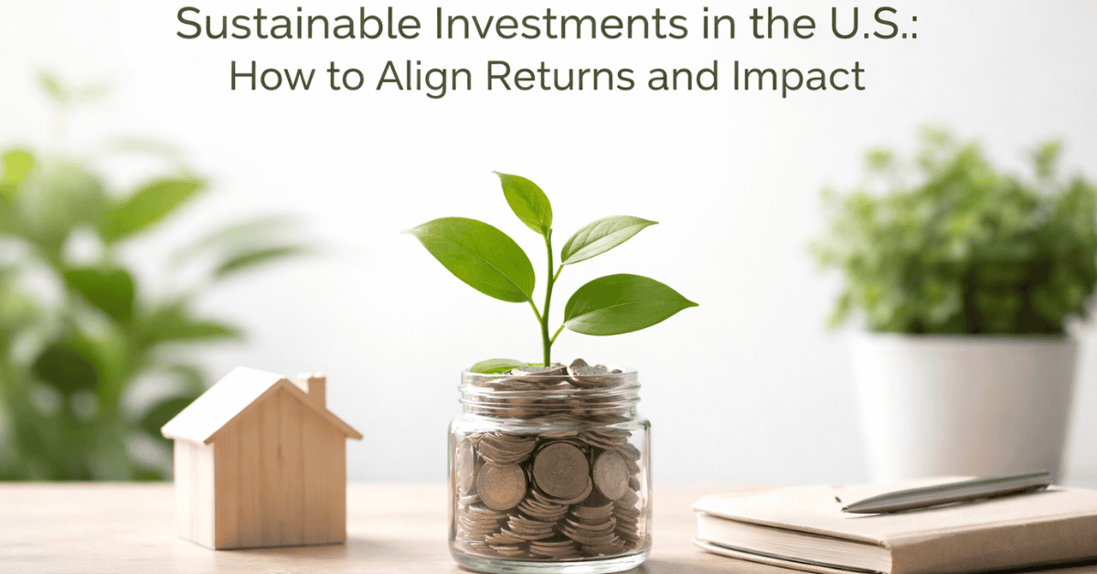 SattaPe Adding profit to your life... Sustainable investing concept in the U.S. featuring a glass jar filled with coins and a growing green plant, a small wooden house model, and a notebook with pen, symbolizing responsible investing, long-term returns, and environmental impact alignment.