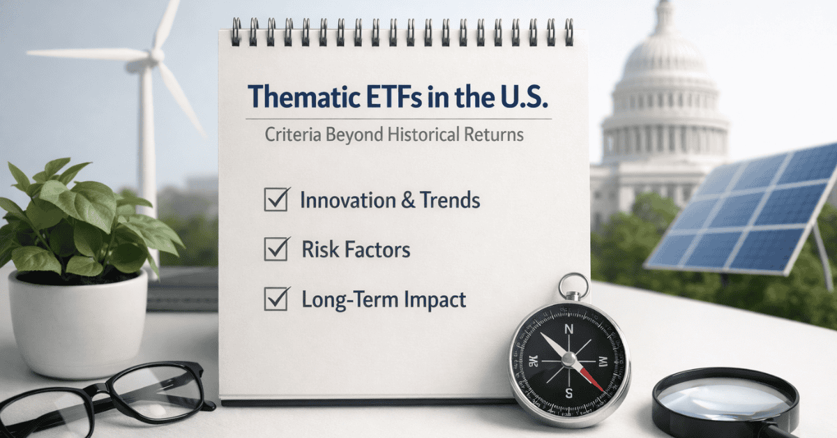 SattaPe Adding profit to your life... Spiral notepad on a desk with the title “Thematic ETFs in the U.S.: Criteria Beyond Historical Returns” and a checklist including Innovation & Trends, Risk Factors, and Long-Term Impact. In the background are the U.S. Capitol, a wind turbine, and solar panels, symbolizing sustainability and innovation. On the desk are glasses, a compass, and a magnifying glass, representing strategic and forward-looking investment analysis.