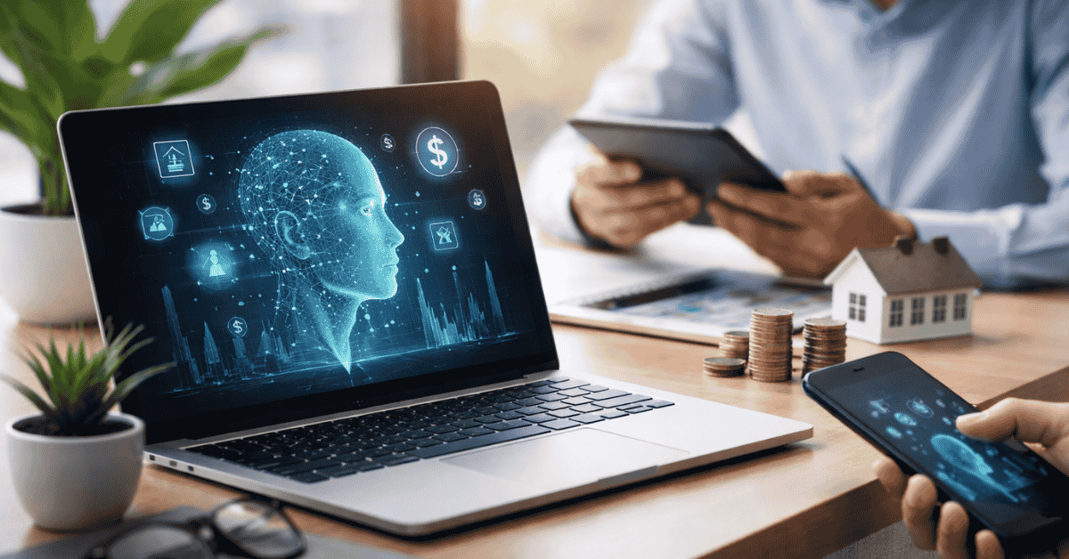 SattaPe Adding profit to your life... Laptop displaying a digital artificial intelligence interface with financial icons, charts, and a human profile graphic, symbolizing AI-powered investing. On the desk are stacked coins, a small house model, a smartphone, and a person using a tablet in the background. The image represents technology-driven investment strategies, data analysis, and smart financial decision-making in the United States.