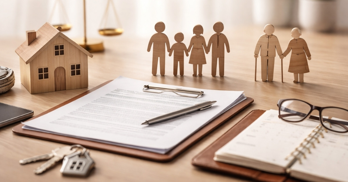 SattaPe Adding profit to your life... Estate planning concept with house model, family figures, documents, and keys on desk, representing inheritance and asset protection strategies.