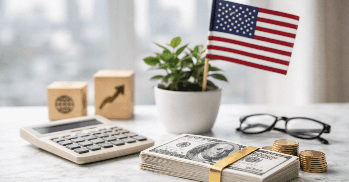 A financial planning scene featuring a stack of U.S. dollar bills secured with a gold band placed on a desk alongside several coins, a calculator, and a pair of eyeglasses. In the background, a small American flag stands next to a potted plant, while wooden blocks display icons representing global finance and economic growth. The blurred city skyline behind the objects reinforces the context of the U.S. financial environment, symbolizing economic activity, investment opportunities, and personal money management.