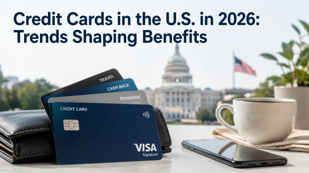 Realistic and minimalist banner about credit card trends in the United States for 2026, featuring several modern credit cards partially displayed from a dark leather wallet beside a smartphone and a white coffee cup on a clean table. In the blurred background, the U.S. Capitol building and an American flag reinforce the U.S. financial theme. At the top, the title “Credit Cards in the U.S. in 2026: Trends Shaping Benefits” appears in large dark blue typography. Clean composition with balanced lighting, subtle contrasts, and a professional editorial style focused on credit card benefits and future financial trends.